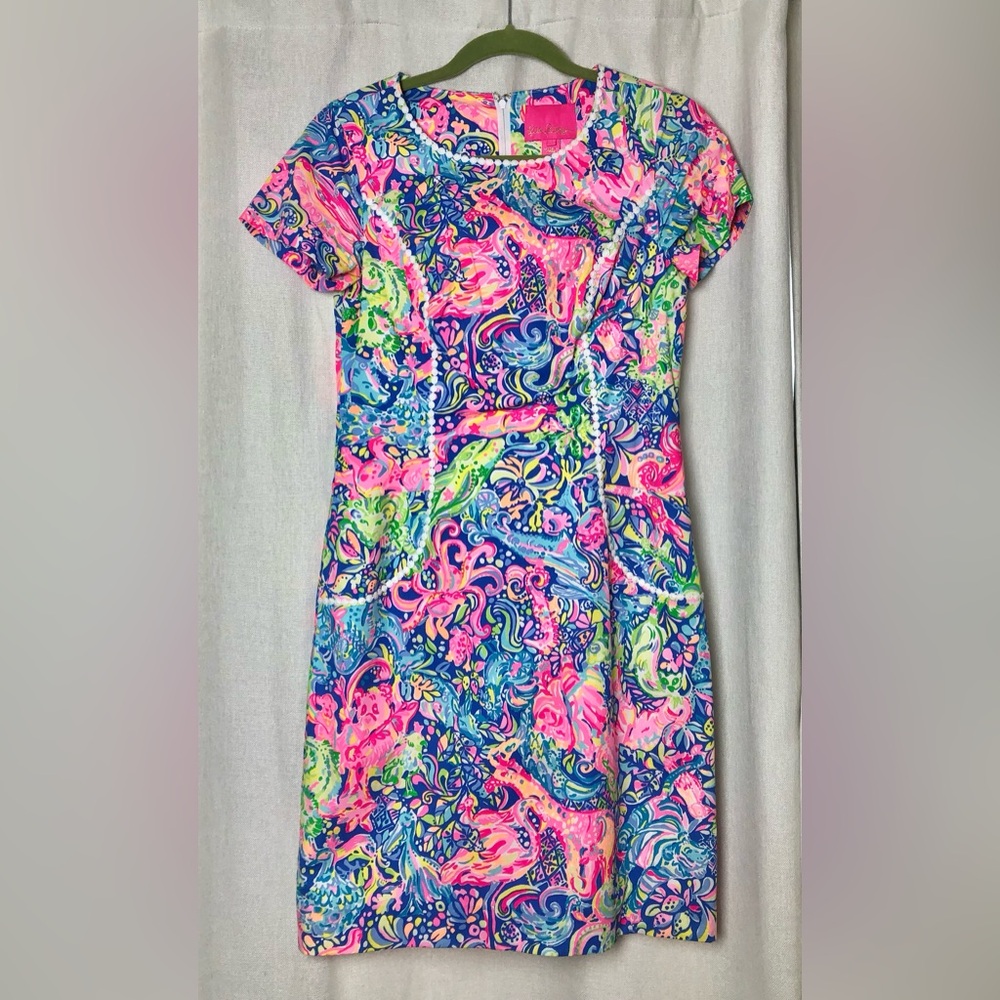 Lilly Pulitzer Shift Dress Pink Blue Floral Short Sleeve Crew Neck Knee Length 2 - Picture 2 of 16